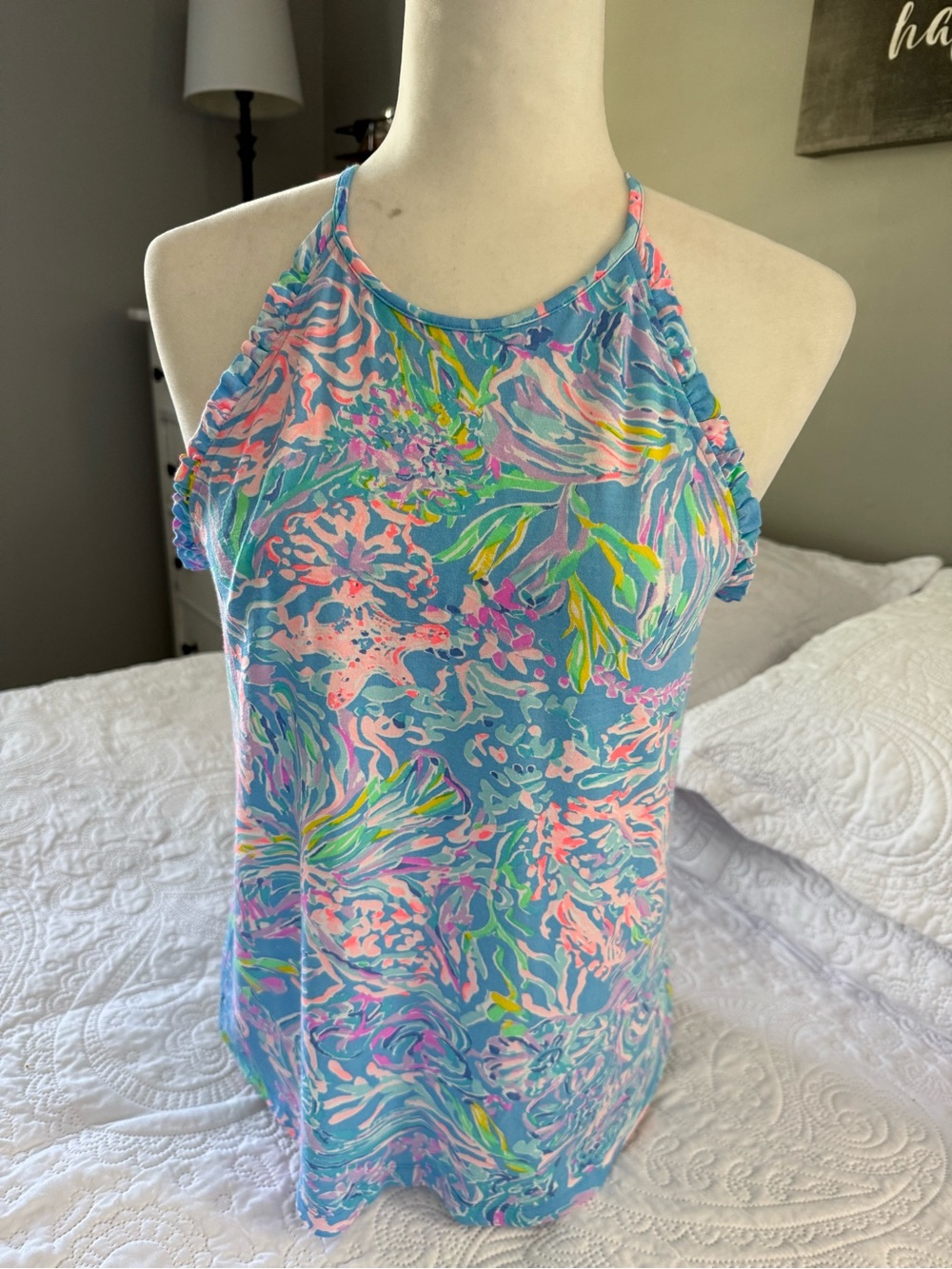 Lilly Pulitzer Blue Floral Halter Camisole with Pink and Green Accents